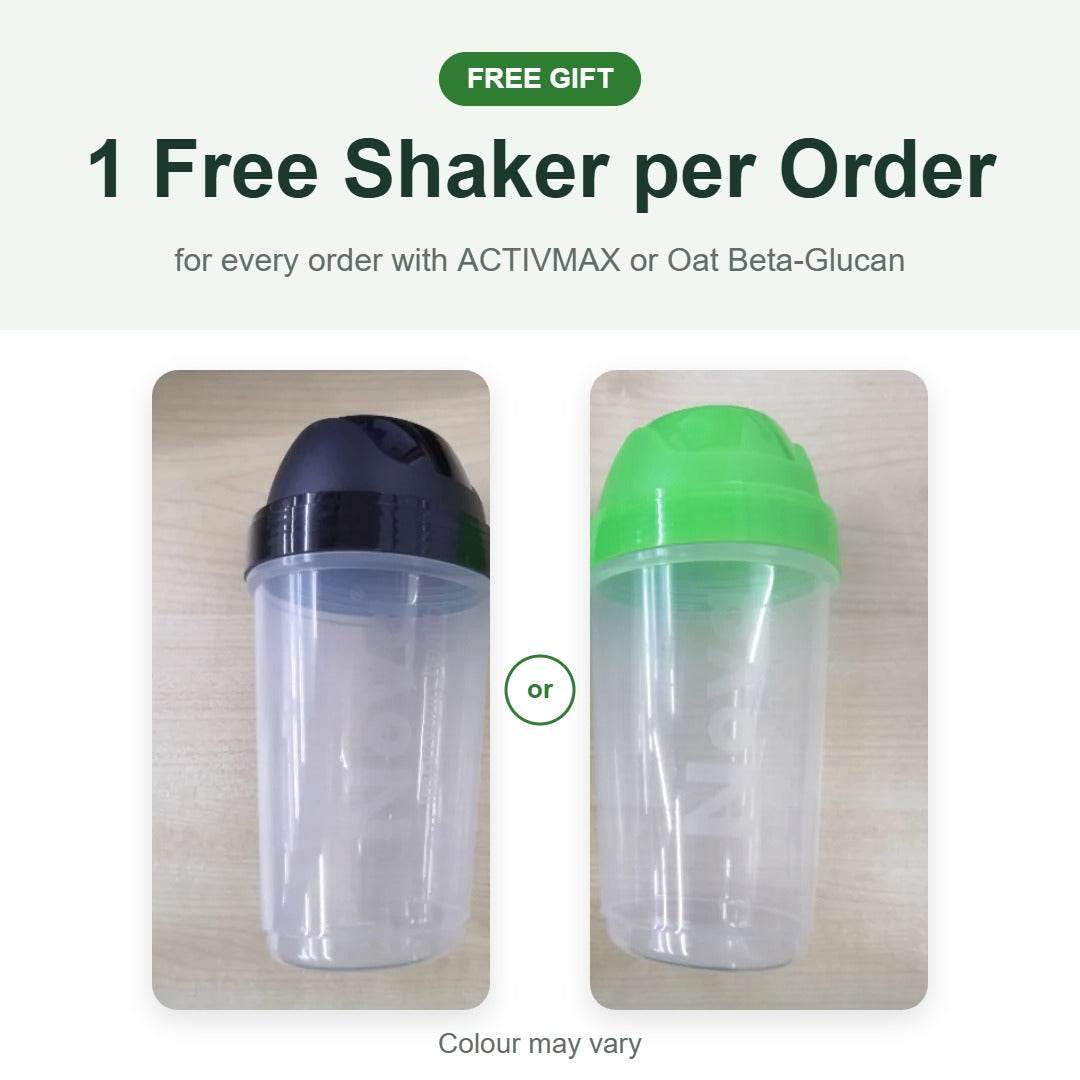 1 free shaker per order with ACTIVMAX or Oat Beta-Glucan (colour may vary)