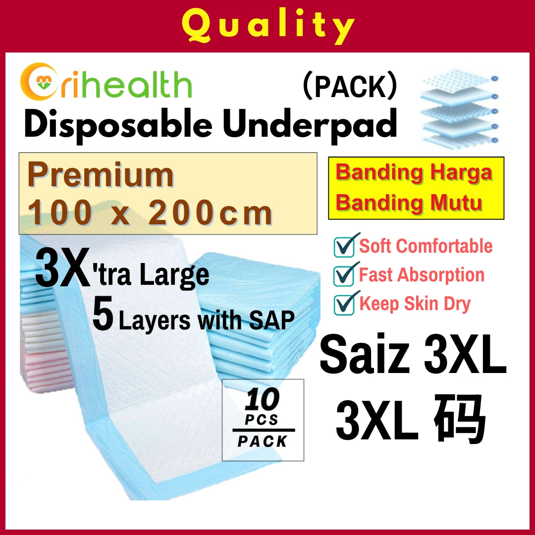 Orihealth Premium Disposable Underpad 100x200CM | 39x78 Inch | Size 3XL