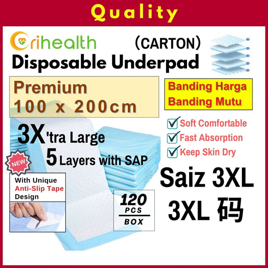 Orihealth Premium Disposable Underpad 100x200CM | 39x78 Inch | Size 3XL