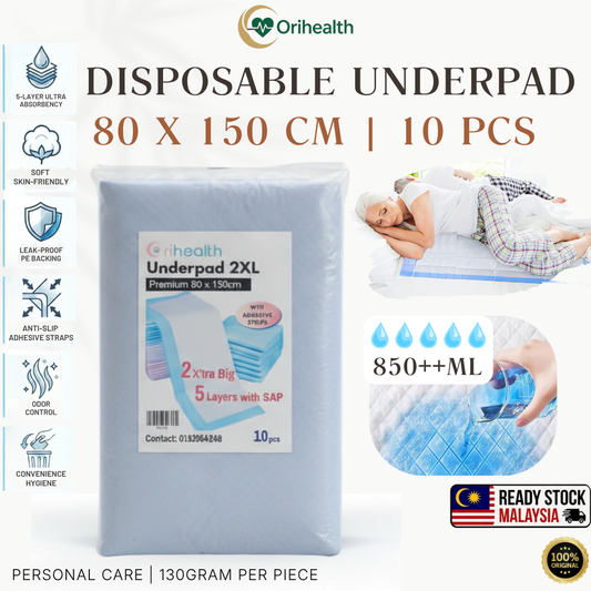 Orihealth Premium Disposable Underpad 80x150CM | 32x59 Inch | Size 2XL