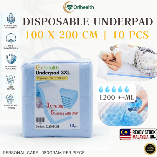Orihealth Premium Disposable Underpad 100x200CM | 39x78 Inch | Size 3XL