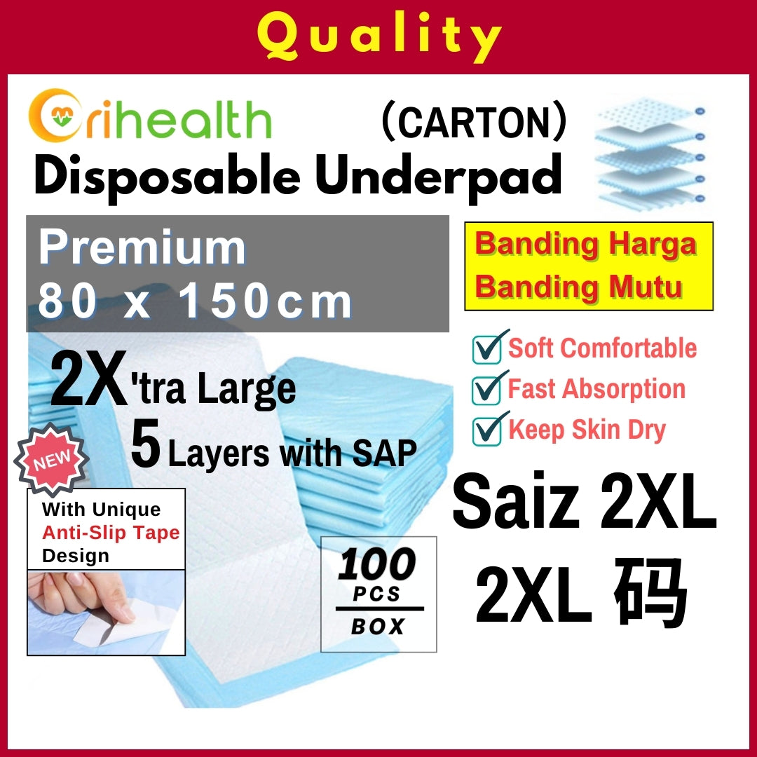 Orihealth Premium Disposable Underpad 80x150CM | 32x59 Inch | Size 2XL