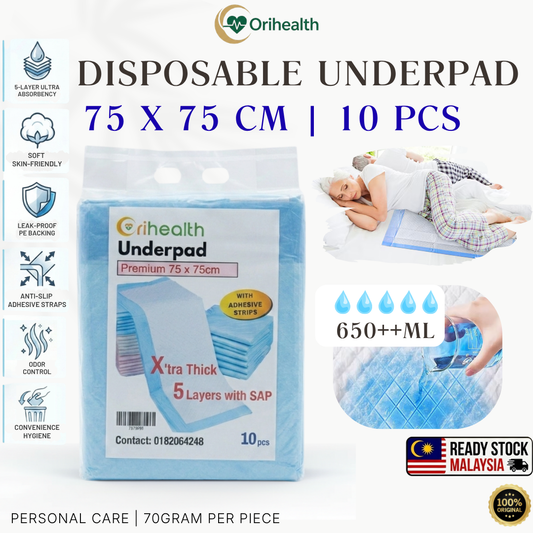 Orihealth PREMIUM Disposable Underpad 75x75CM | 30x30 Inch | Size M