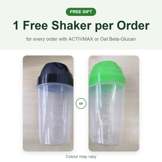 1 free shaker per order with ACTIVMAX or Oat Beta-Glucan (colour may vary)