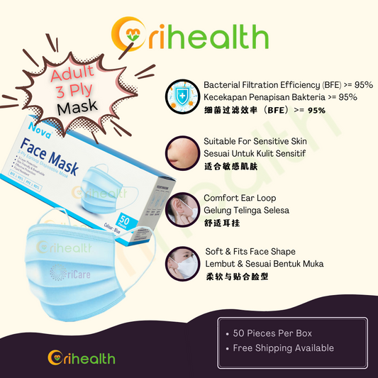 Nova 3-Ply Earloop Disposable Adult Face Mask 50pcs